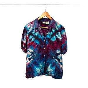 Vintage 100% Linen Tie-Dye Button-Up Short Sleeve Shirt Size Large